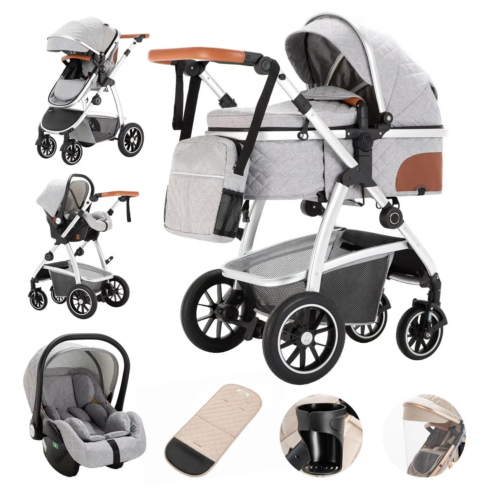 KINDERWAGENSET mit hoher Landschaft, verstellbarer Griff, Moskitonetz, Kinderwagen, Aluminiumrahmen, SK20-HELLGRAU - Hellgrau, Metall (80/60cm) - Kaket