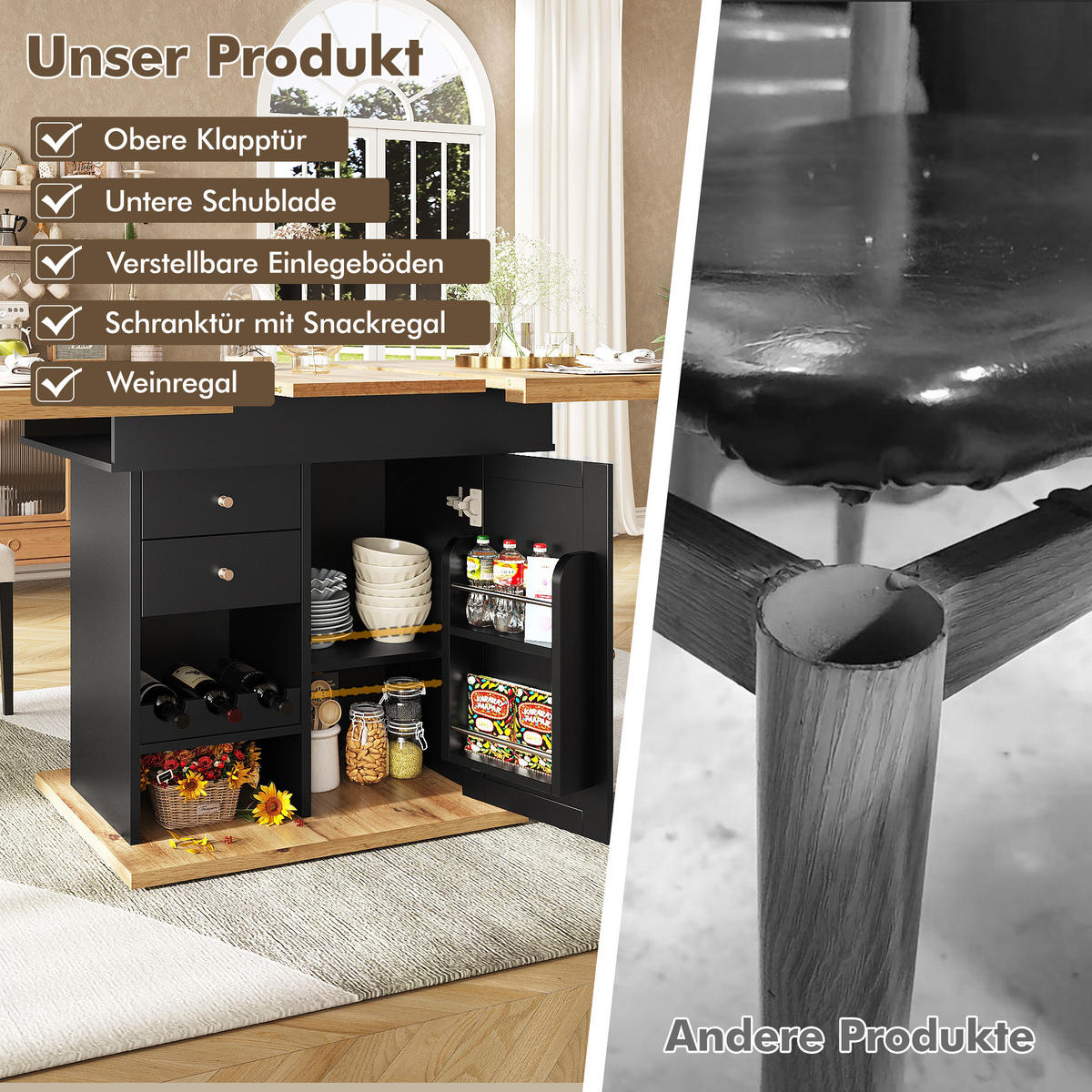 ESSTISCH, ausziehbar 110-140/80/75 cm mit Stauraum & Snack-/Weinregal, Schwarz/Natur - Schwarz, Holzwerkstoff (110/80/75cm) - Redom
