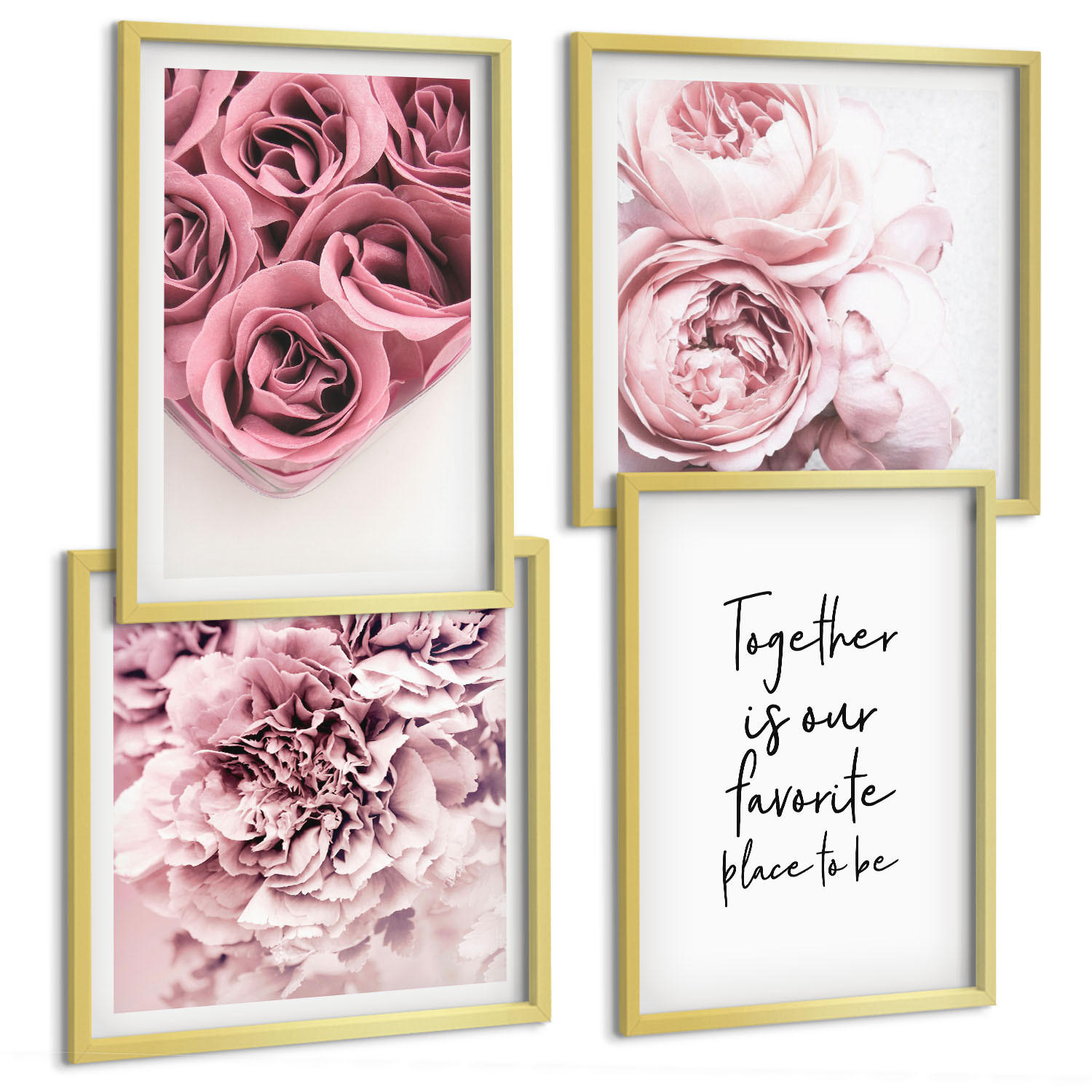 BILDER SET 4er Set - 50x50 cm & 40x60 cm Goldrahmen - Blumensträuße mit Rosen, Hausinschrift - Goldfarben, Kunststoff (50/50cm) - TULUP