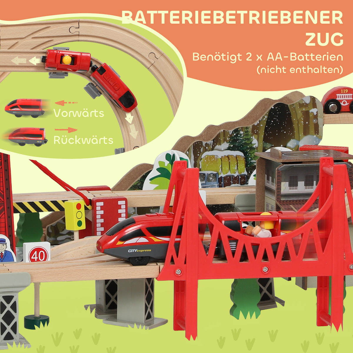 100 Stücke Holzeisenbahn-Set Buchenholz Kunststoff Naturholz - Multicolor, Holz (60/27.5/118cm) - AIYAPLAY