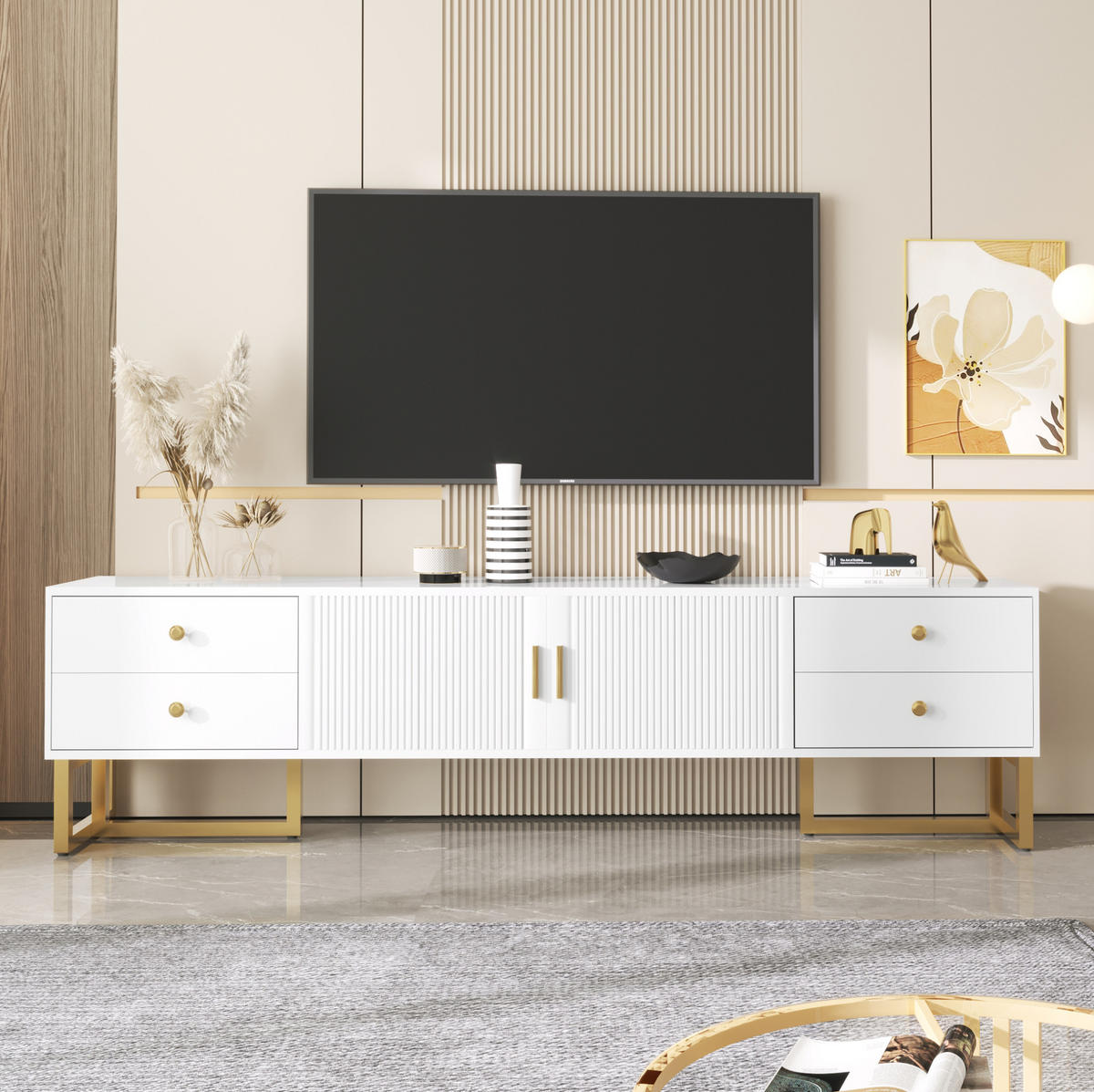 TV-LOWBOARD aus MDF 175x30x46 cm Weiß mit 4 Schubladen, 2 Türen und goldfarbenen Metallfüßen - Weiß, Holzwerkstoff (175/46/30cm) - Modfu