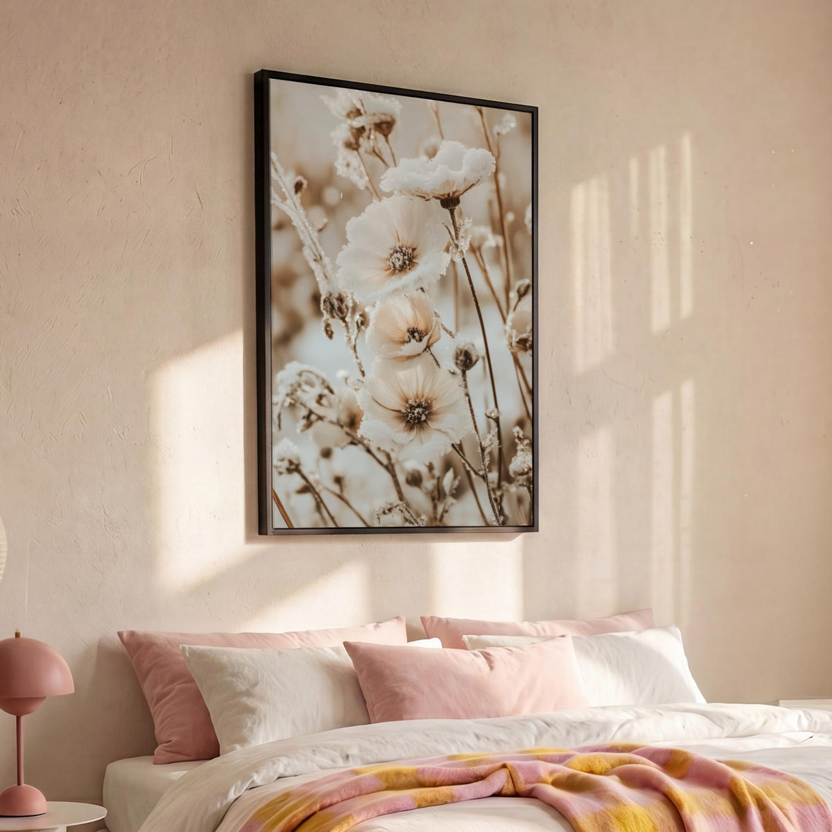 LEINWAND Bilder mit Rahmen - Blumen - Winter - Weiß - Schnee - Beige - 90x140 - Creme, Textil (90/140cm) - MuchoWow