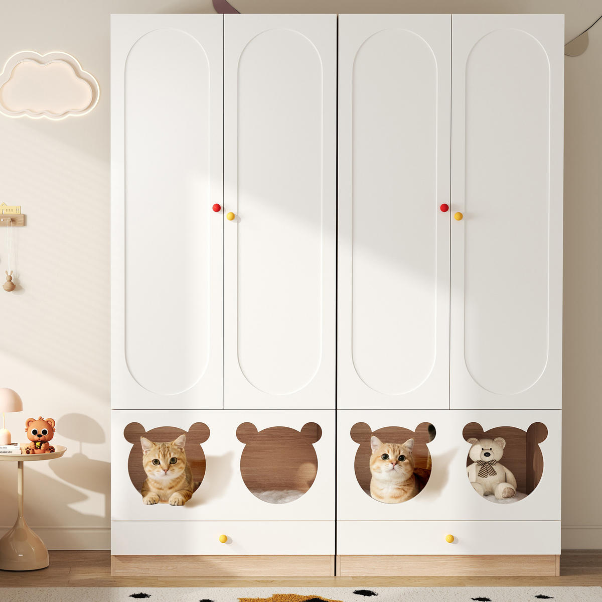KINDERKLEIDERSCHRANK aus MDF 80x50x200 cm Natur/Weiß mit Kleiderstange, offenen Fächern und Haustierbereich - Naturfarben, Holzwerkstoff (80/200/50cm) - Modfu