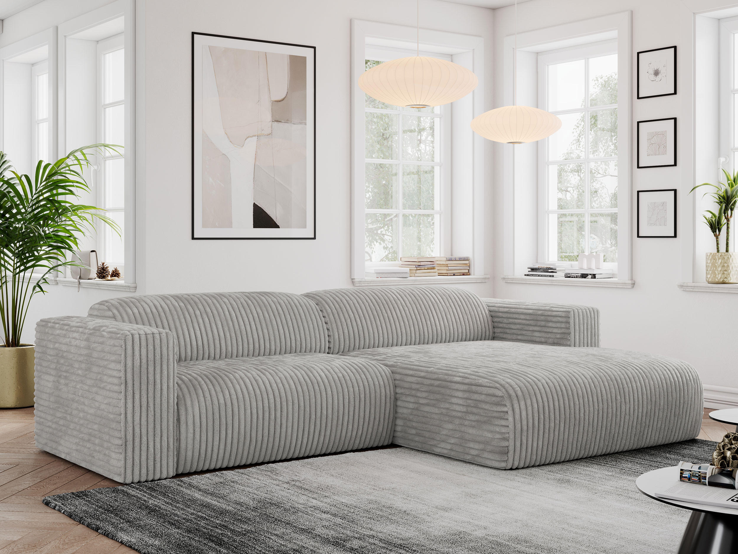 ECKSOFA PASADENA Hellgrau Cord - Rechts Seite - Hellgrau/Schwarz, Kunststoff/Textil (180/288cm) - MKS