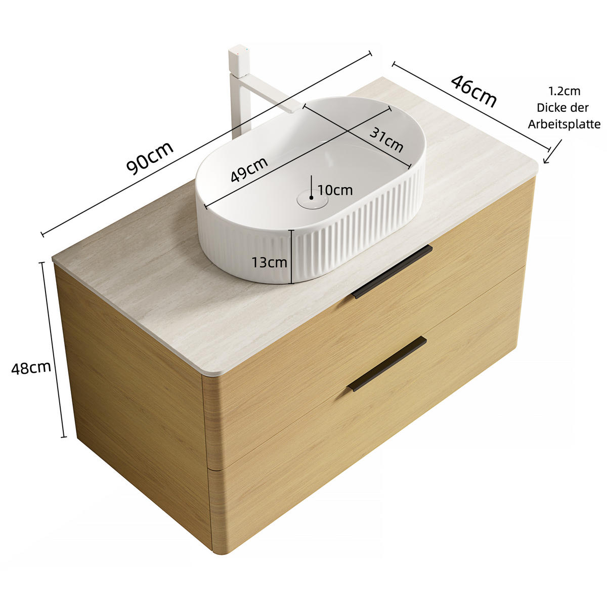 WASCHTISCHKOMBI Eiche hell schwebend mit Keramikbecken & Sintersteinplatte - Eiche San Remo, Keramik/Holzwerkstoff (90/62.2/46cm) - Urban Meuble
