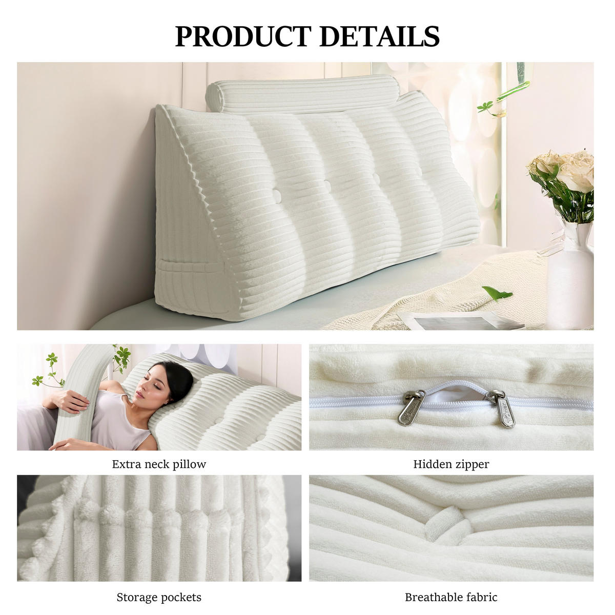 KEILKISSEN mit einem runden Kissen 2er-Set Gestreifter Samt Weiß 140cm - Weiß, Textil (20/140cm) - Vercart