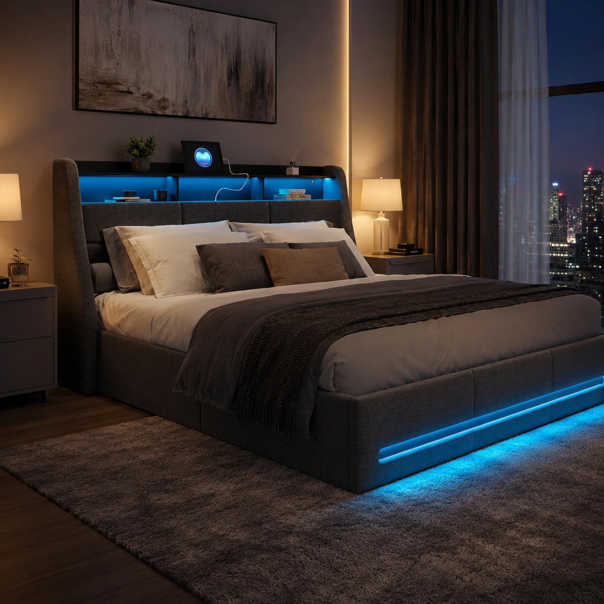 POLSTERBETT 140/190 cm Grau mit Bettkasten, LED, USB-Anschlüssen, Kopfteil-Ablage und Lattenrost - Grau, Holz/Metall (140/190cm) - Joyfair