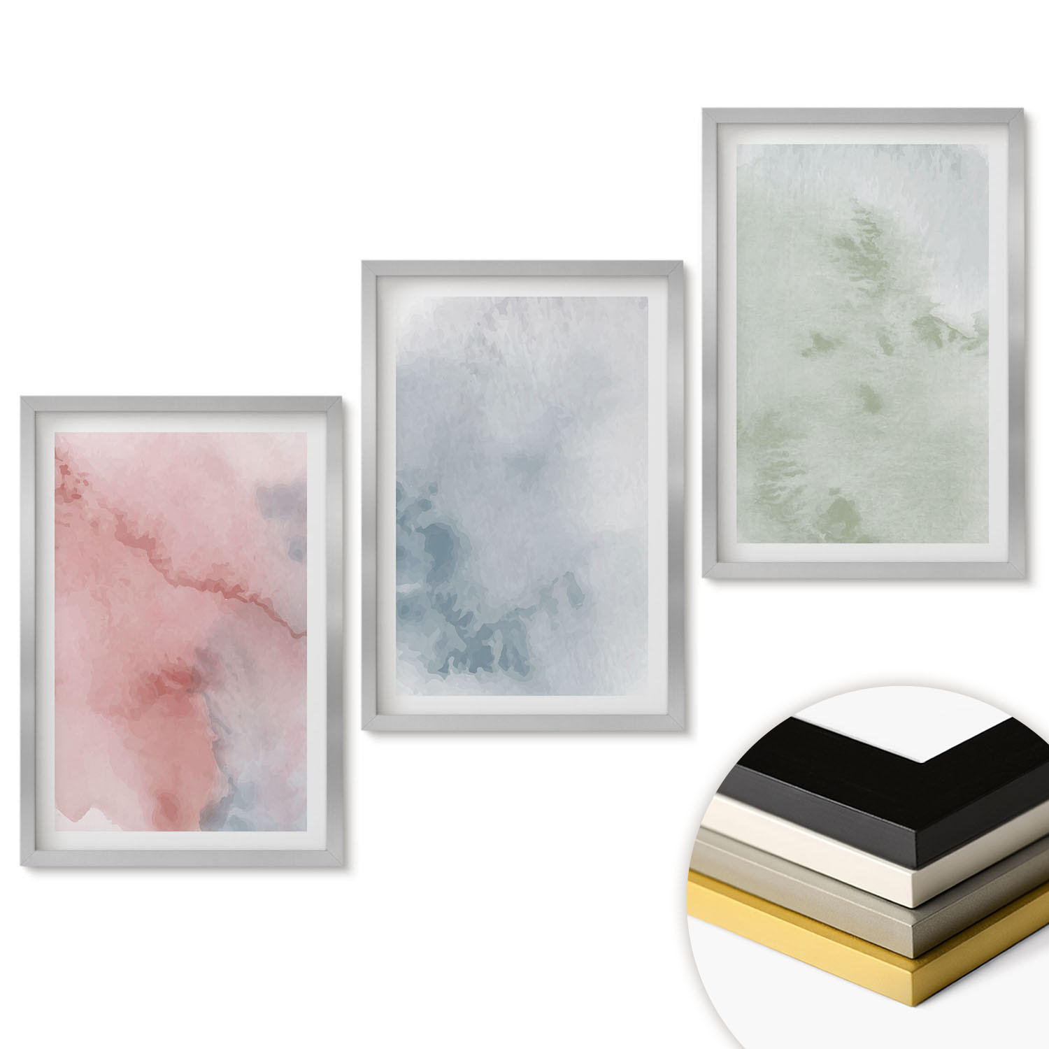 WANDBILDER 3er Set - 40x60 cm Silberner Rahmen - Pastellfarbene Aquarellstrukturen - Silberfarben, Kunststoff (40/60cm) - ArtPrintCave
