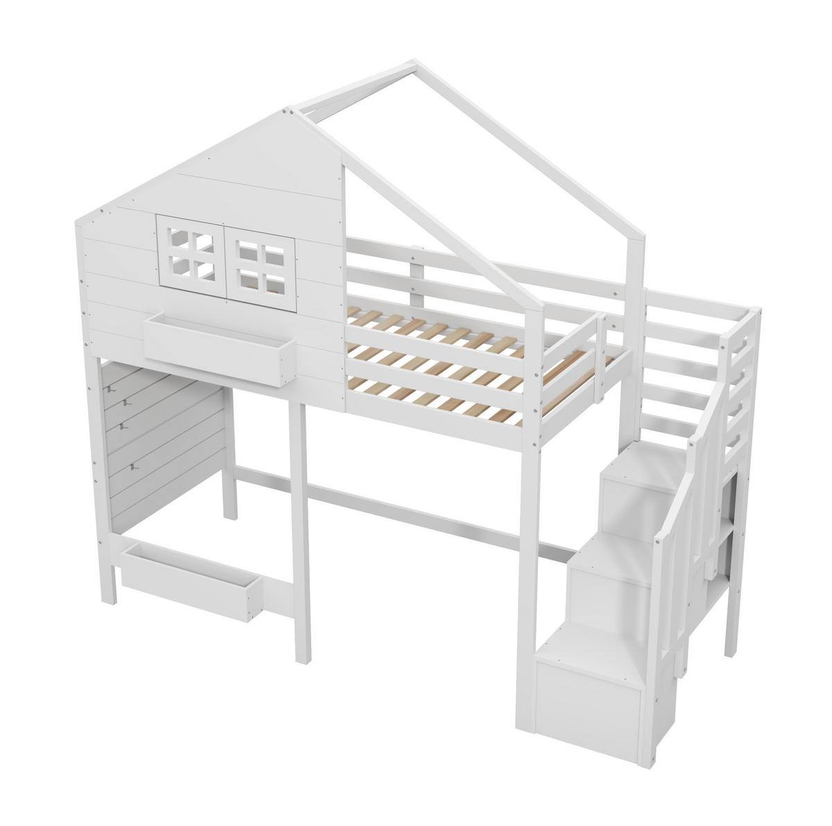 HAUSBETT 90/200 cm in Weiß mit Stauraumtreppe und Hausdesign - Weiß, Holzwerkstoff (90/200cm) - BEAOK