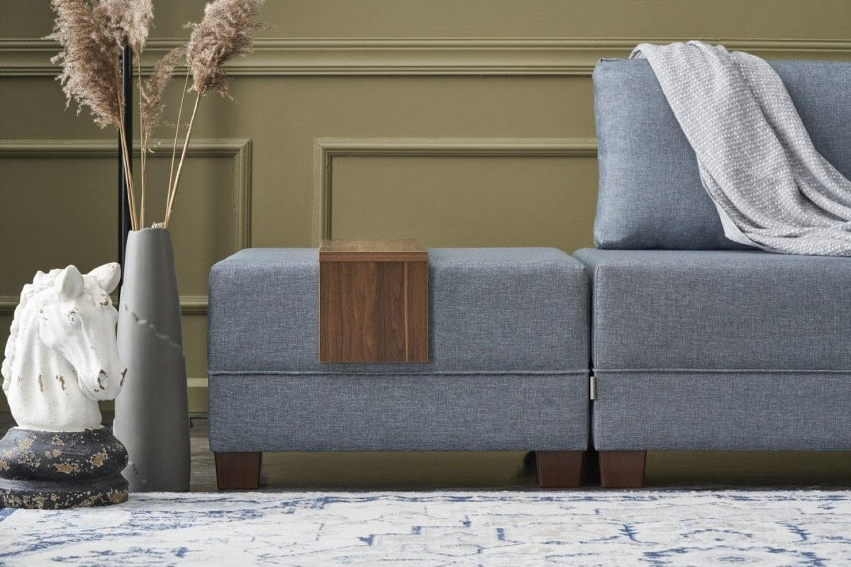 ECKSOFA mit rollbarer Schlaffunktion - Blau/Walnussfarben, Holz/Textil (210/280cm) - myHomelando
