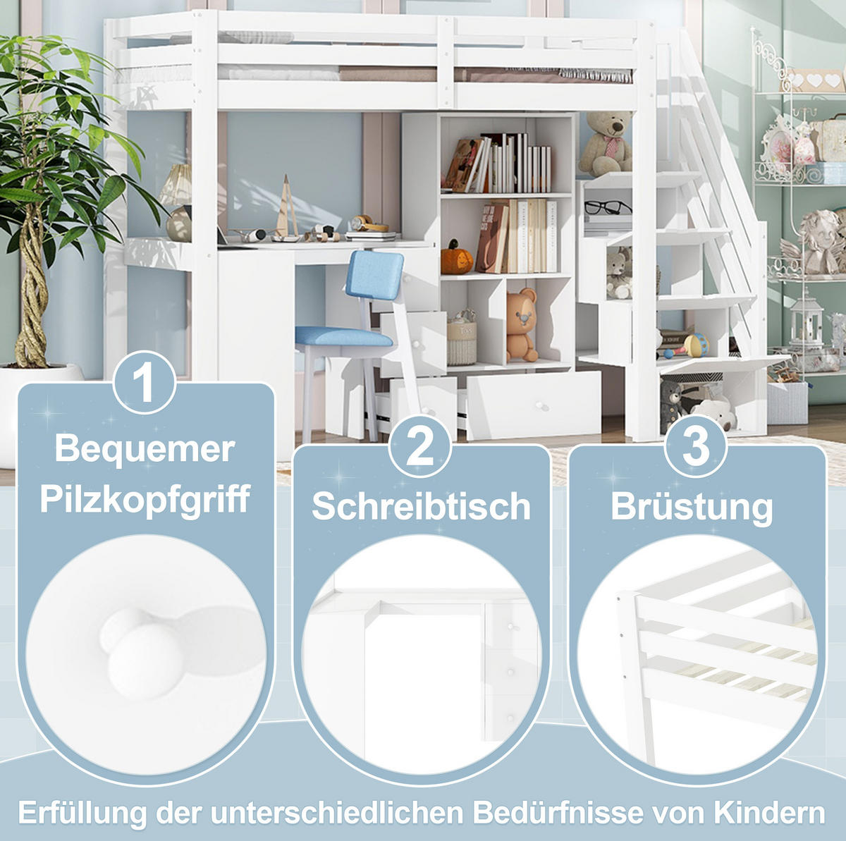 HOCHBETT mit Schreibtisch 90/200 cm in Weiß – mit Stauraum und Treppenleiter - Weiß, Holz (90/200cm) - BEAOK