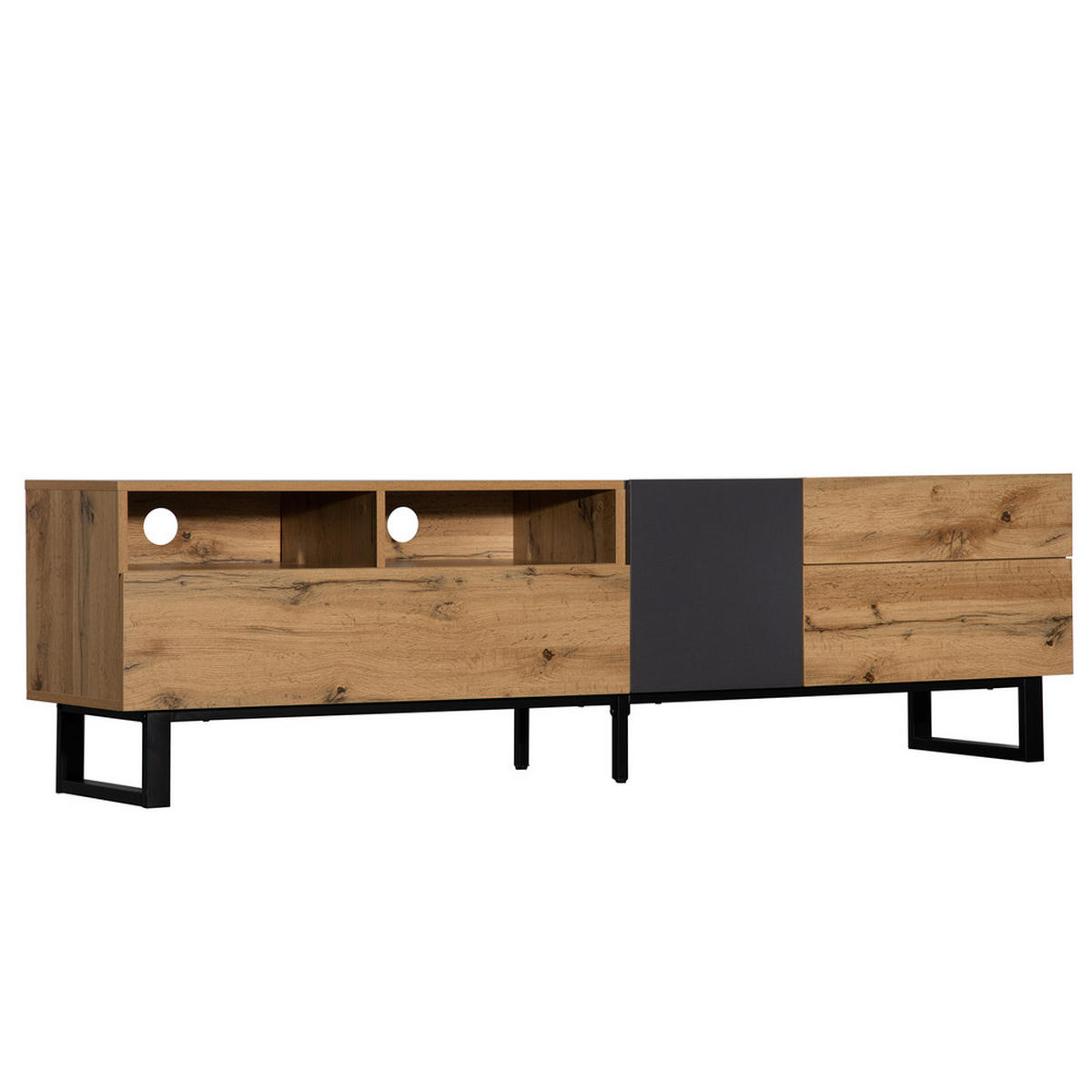 MODERNER Colorblocking-TV-Schrank TV-Schrank mit Holzmaserung 180cm.Black + Black+Grey + MDF + 50-59 inches - Schwarz, Holz (38/50/180cm) - FLIEKS