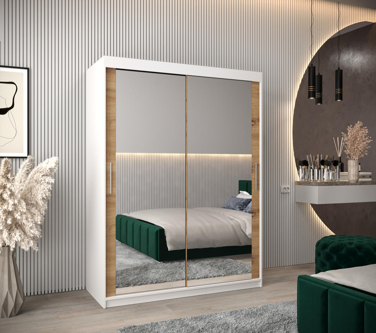 SCHWEBETÜRENSCHRANK 200/150/62 2-türig - Silberfarben/Weiß, Holz/Kunststoff (150/200/62cm) - Abiks Möbel