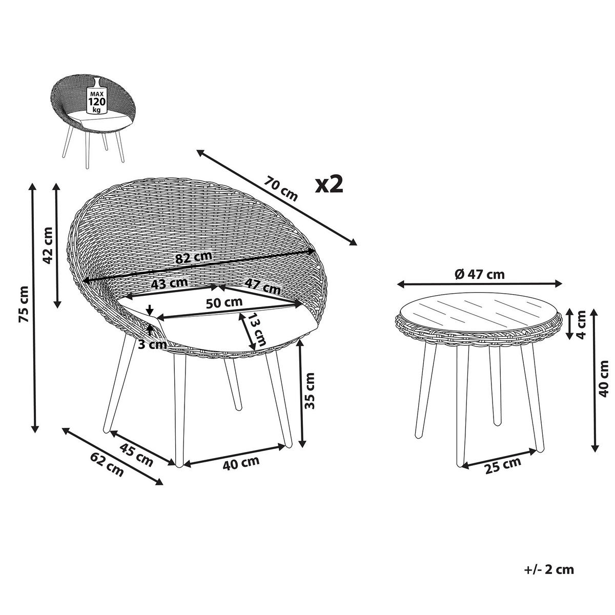 BALKONSET 2-Sitzer Rattan natürlich Auflagen hellbeige Ortigia - Beige/Schwarz, Kunststoff - Beliani