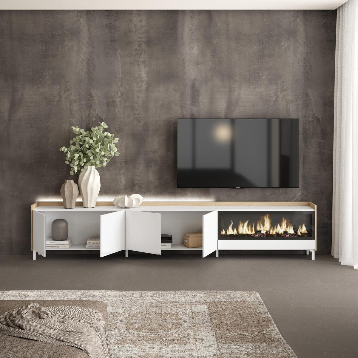 LOWBOARD, Weiß und Eiche, 315/35/61cm, Kamin mit Feuereffekt XXL - Weiß, Holzwerkstoff (315/61/35cm) - Skraut Home