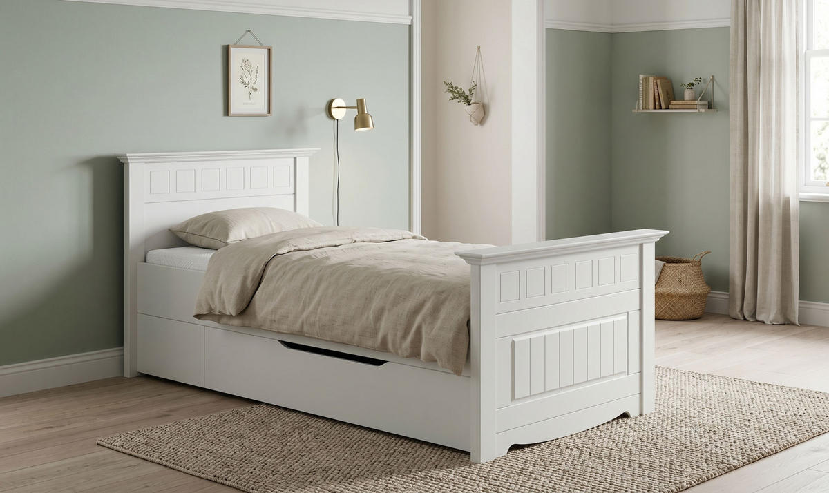 BETT Belluno Elegante Kiefer weiß lackiert 110 / 214 / 95cm - Weiß, Holz (90/200cm) - Feldmann-Wohnen