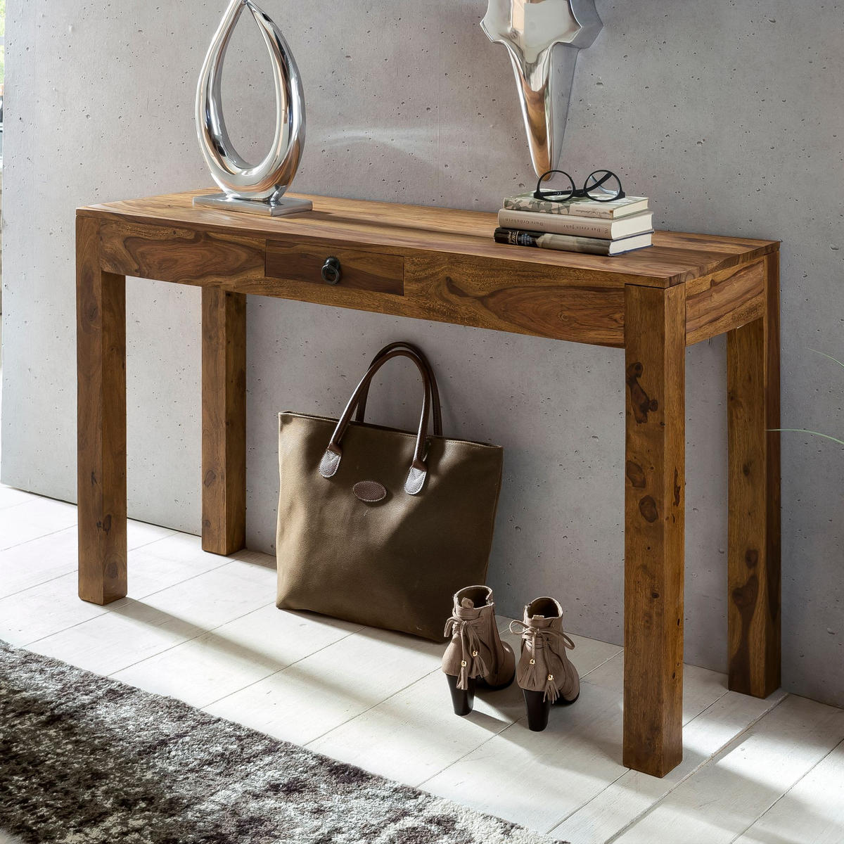 KONSOLENTISCH Akazienholz Schublade Landhausstil NAKO, Braun 120x40x70 cm - Braun, Holz/Metall (40/120/70cm) - KADIMA DESIGN