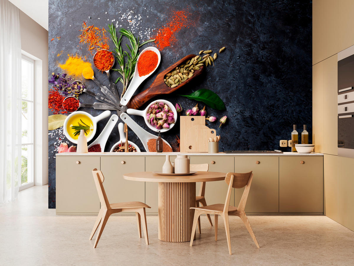 FOTOTAPETA Pre Kuchyňu Orientálne Bylinky Korenie Lyžice 150 x 105 cm - oranžová/hnedá, papier (150/105cm) - Muralo