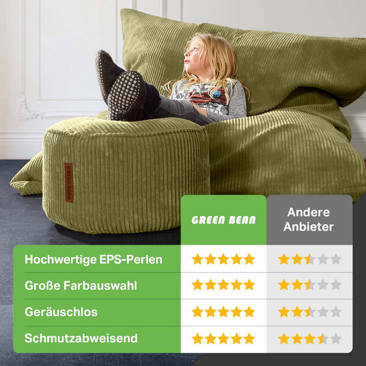 SITZSACK XXL "Square" + Pouf aus Cord - Grün, Textil (140/25/180cm) - Green Bean