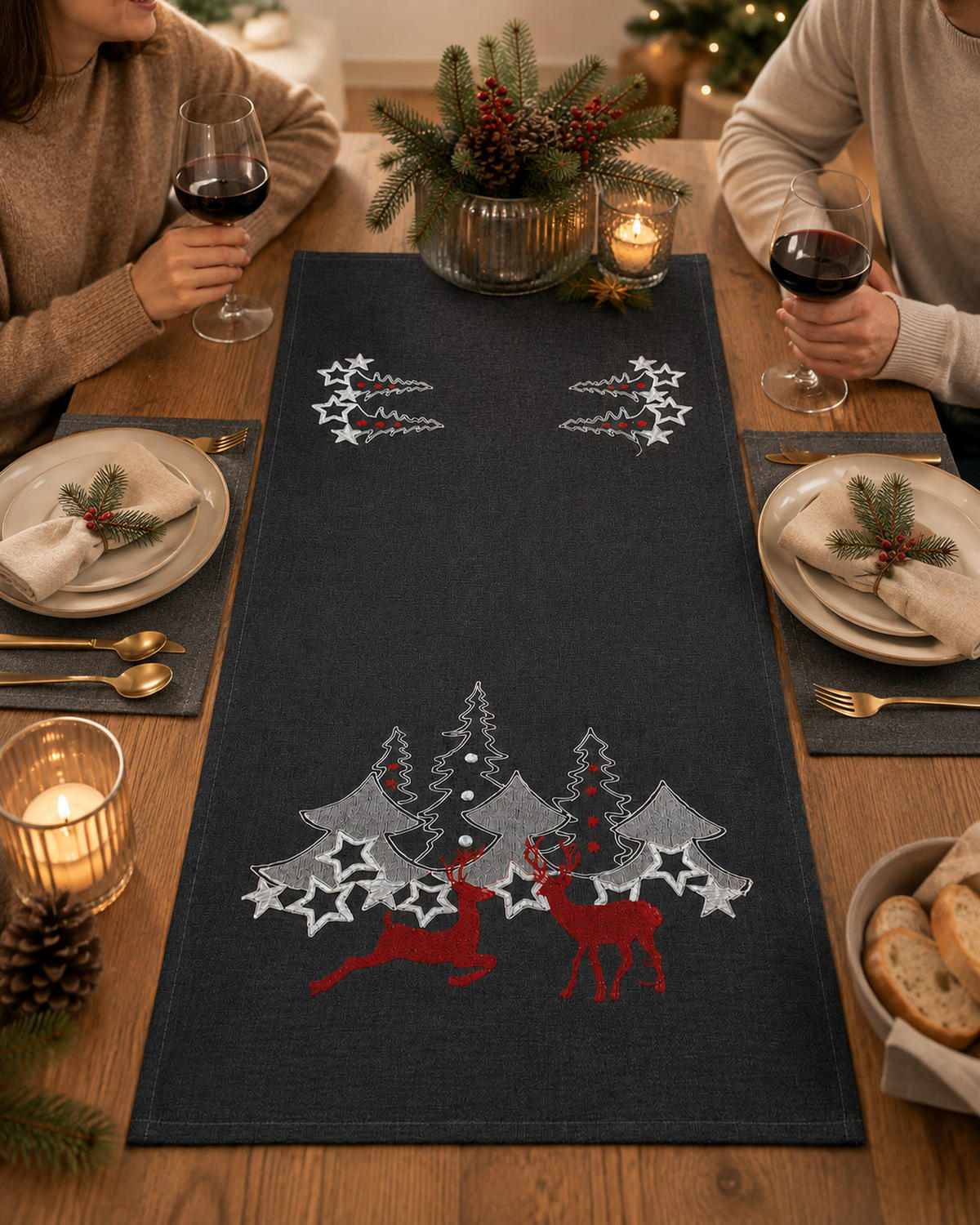 TISCHLÄUFER Weihnachten 40/225 cm Anthrazit Hirsch - Anthrazit, Textil (40/225cm) - TiborTex