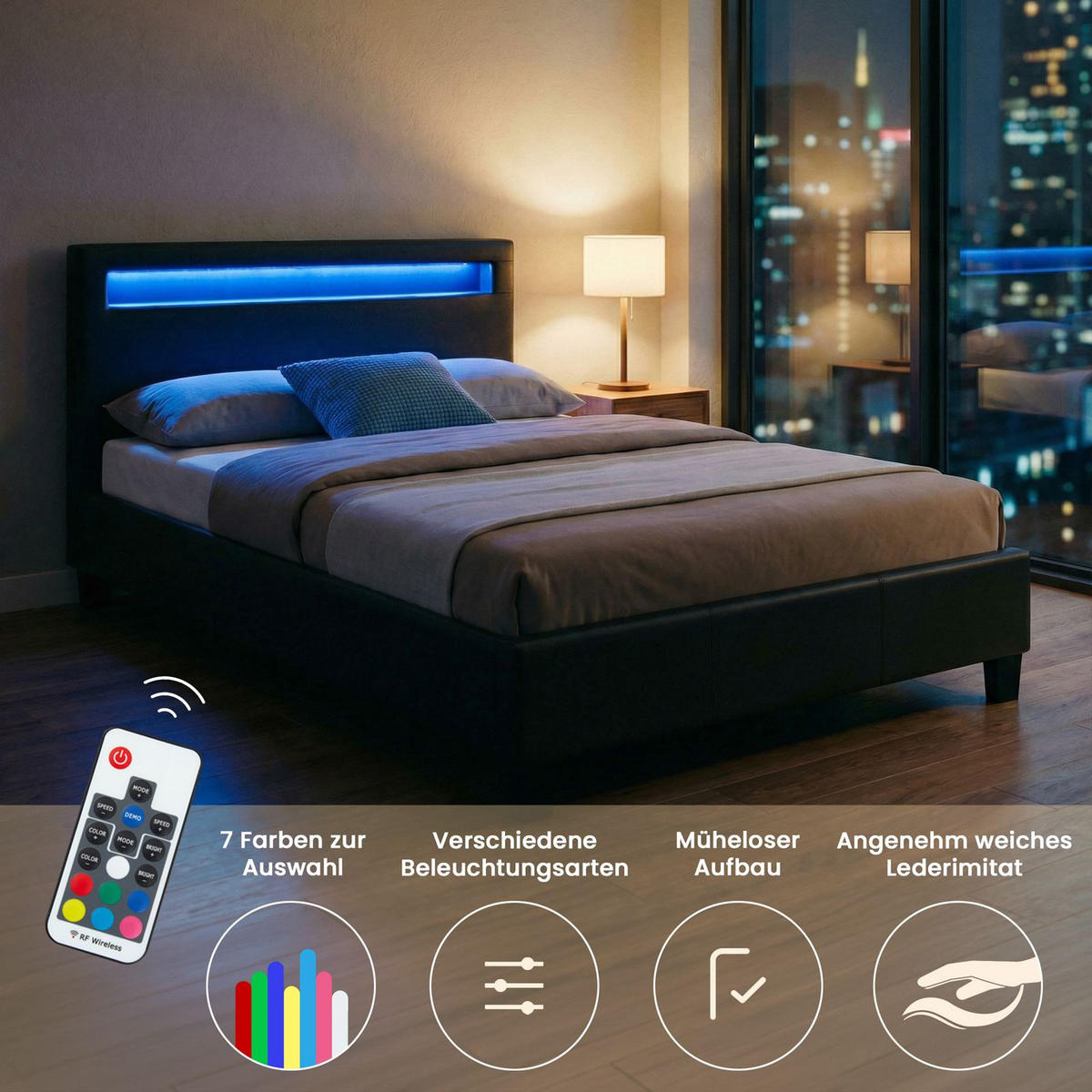 POLSTERBETT MIT LED MIRASOL 120X200 CM - Schwarz, Textil (120/200cm) - CARO-Möbel