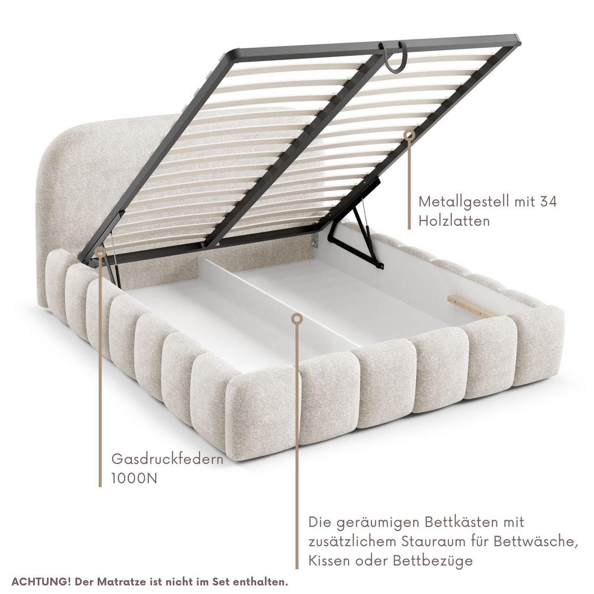 POLSTERBETT BELLURE mit Bettkasten 180x200,Doppelbett mit Stauraum,Lattenrost,Boxspringbett-Optik,ohne Matratze-Creme - Creme, Holz (180/200cm) - Furnistar