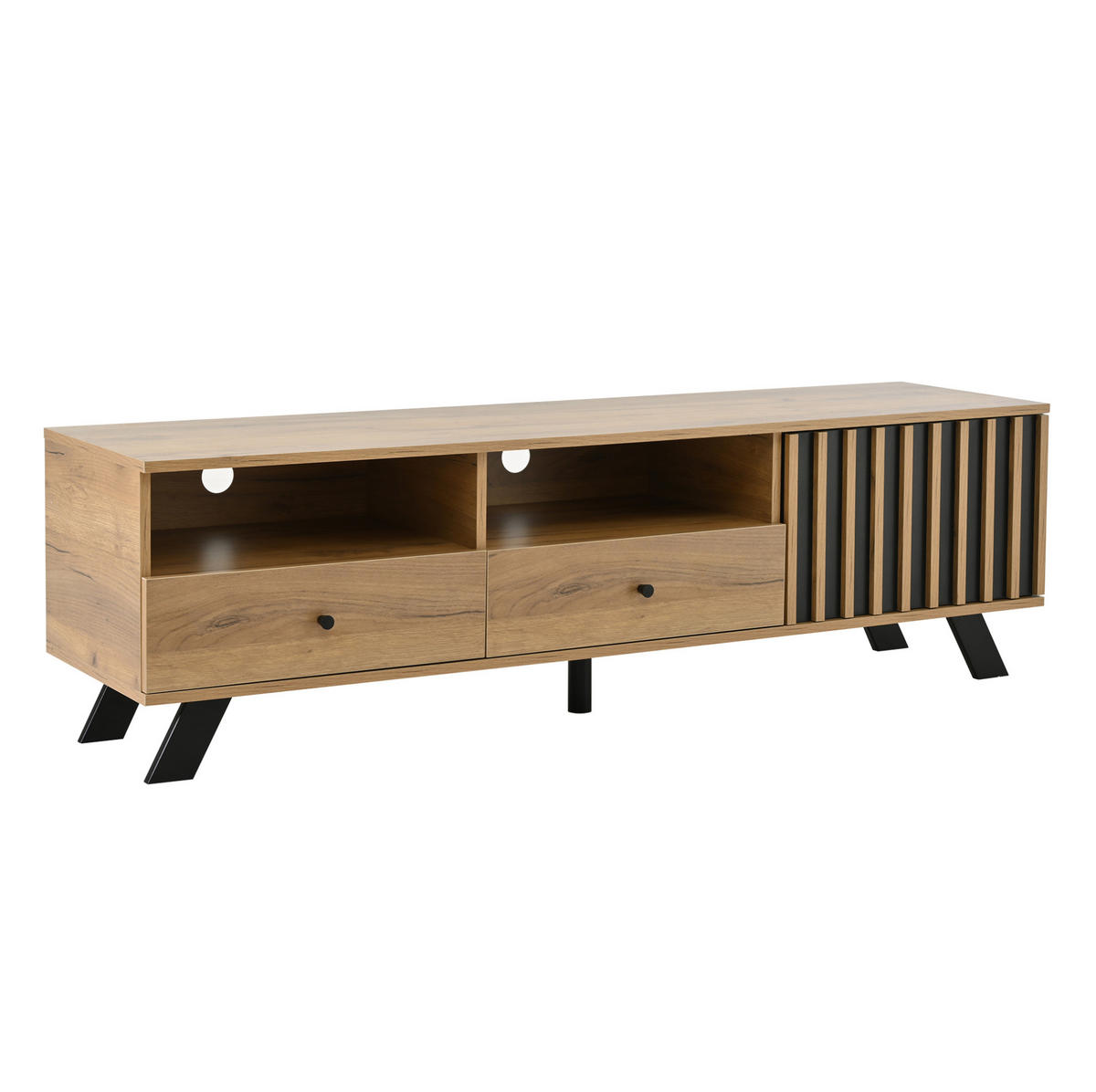 TV-SCHRANK aus Spanplatte 150x38x44 cm Naturholzfarbe/Schwarz mit 2 Schubladen, 1 Schrank und halboffenen Fächern - Naturfarben, Holzwerkstoff (150/44/38cm) - Modfu