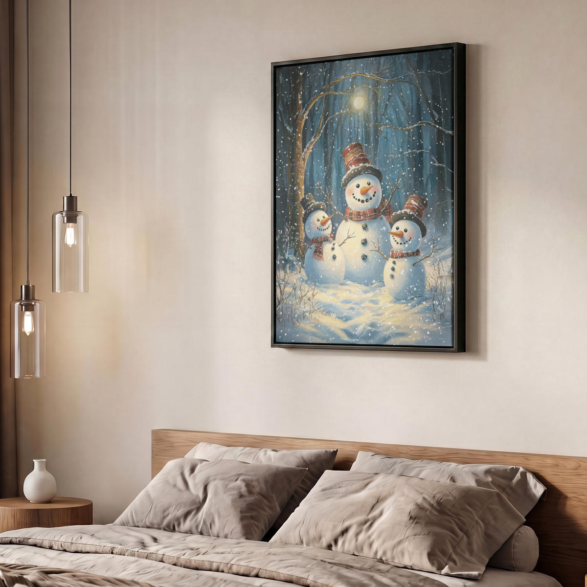 LEINWAND Bilder mit Rahmen - Schneemann - Schnee - Winter - Wald - 50x70 - Hellblau, Textil (50/70cm) - MuchoWow
