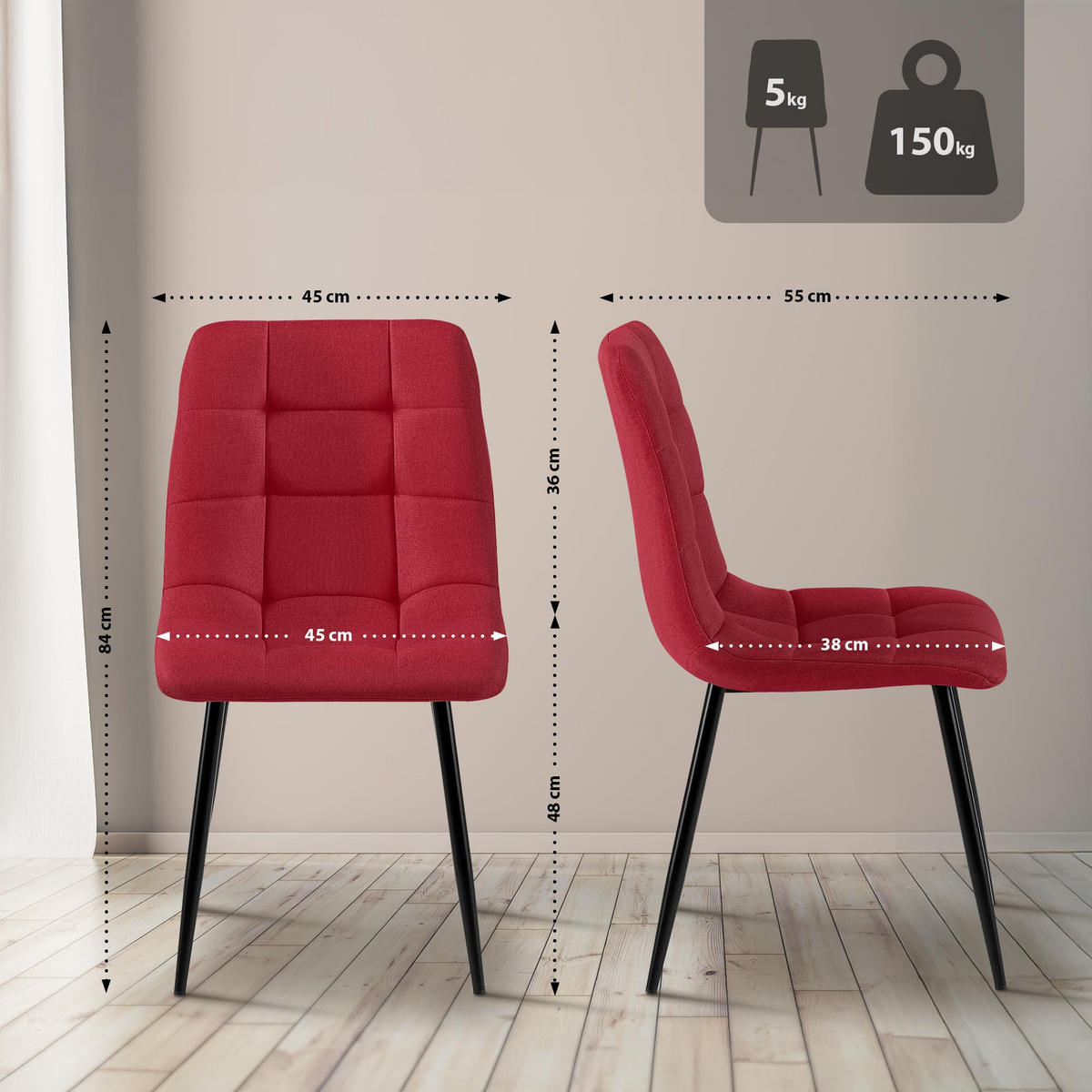 STUHL Stoff Rot - Rot/Schwarz, Textil/Metall (45/84/55cm) - CLP