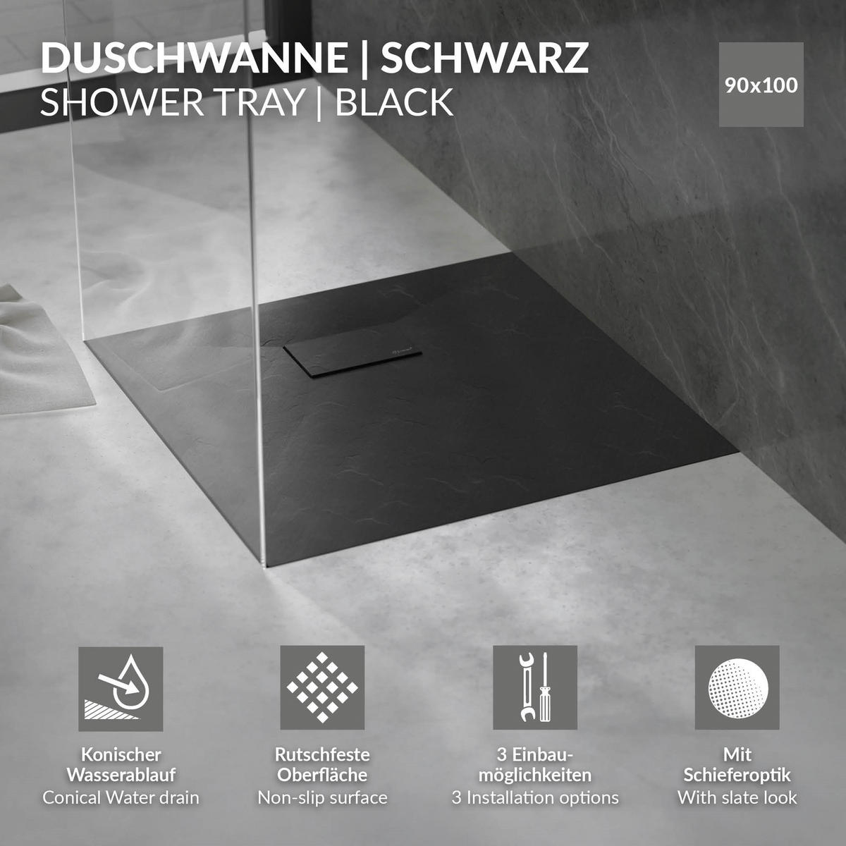 SPRCHOVÁ VANICKÁ 100x90 cm černá se sifonovou sadou z SMC - černá, plast (90/3/100cm) - LuxeBath