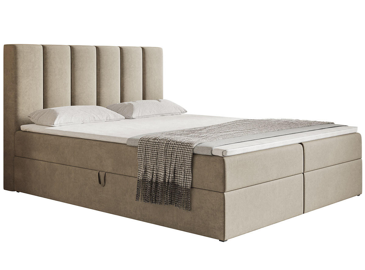 BOXBETT Bonio I 160/200 cm in Beige – mit Bettkasten und Topper - Beige/Schwarz, Holz/Holzwerkstoff (160/200cm) - AX Living