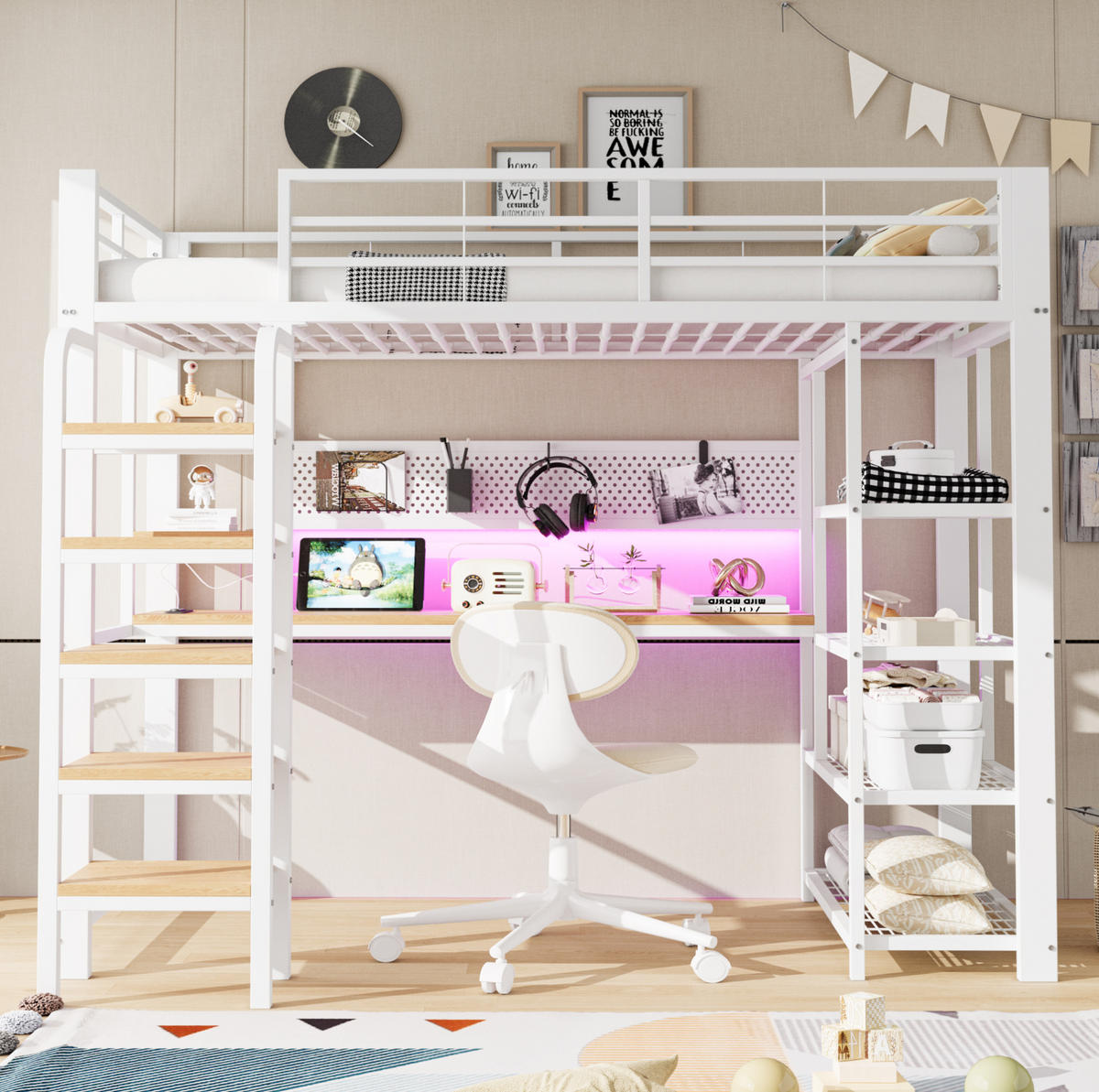 HOCHBETT 90/200 cm aus Metall und Holzwerkstoff mit Schreibtisch und LED-Beleuchtung Weiß - Weiß, Metall (90/200cm) - Modenvie