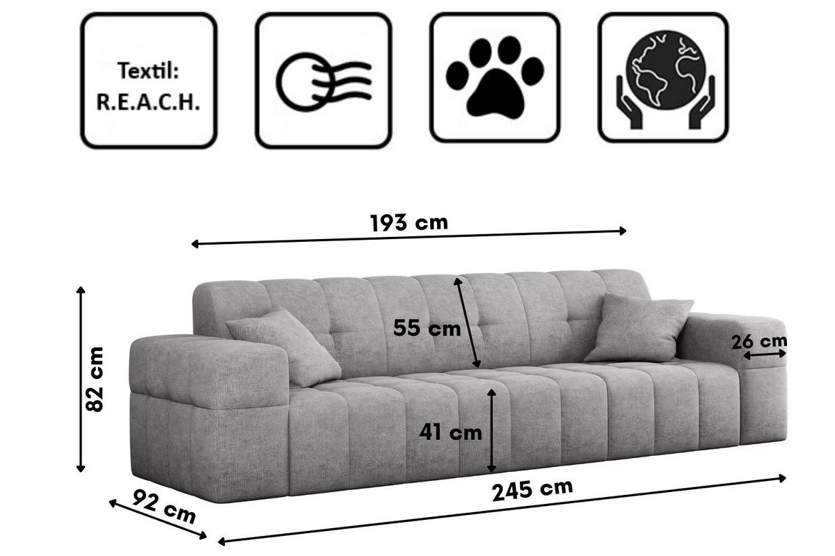 SOFA 3 Sitzer NIMES Stoff Perfect Harmony Grau - Grau, Holz (245/82/92cm) - Kaiser Möbel