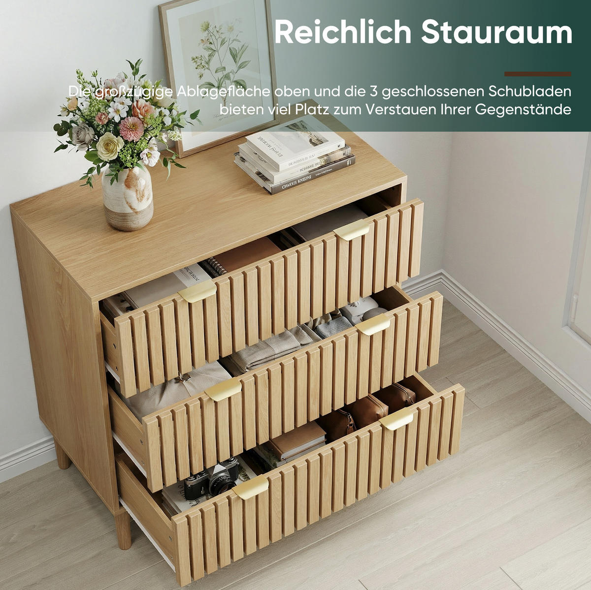 KOMMODE 80/39/80 cm aus MDF und Holzwerkstoff mit 3 Schubladen und Gitterfront Eichefarben - Nussbaumfarben, Holzwerkstoff (80/80/39cm) - Modenvie