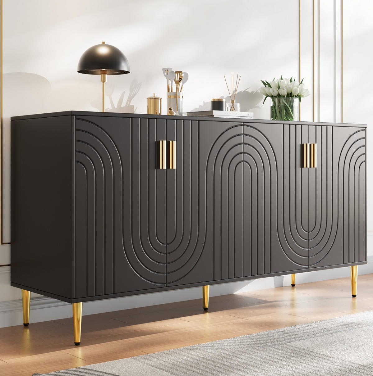 SIDEBOARD 152/40/75 cm in Schwarz mit Wellenfront und goldfarbenen Details - Schwarz, Holzwerkstoff (152/75/40cm) - Flora Grace