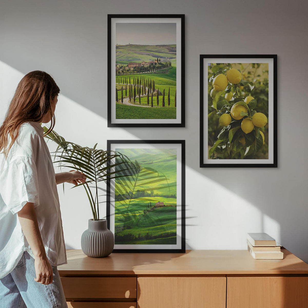 BILDER SET 3er Set - 40x60 cm Schwarzer Rahmen - Italienische Zitrusfrüchte und Hügel - Schwarz, Kunststoff (40/60cm) - TULUP