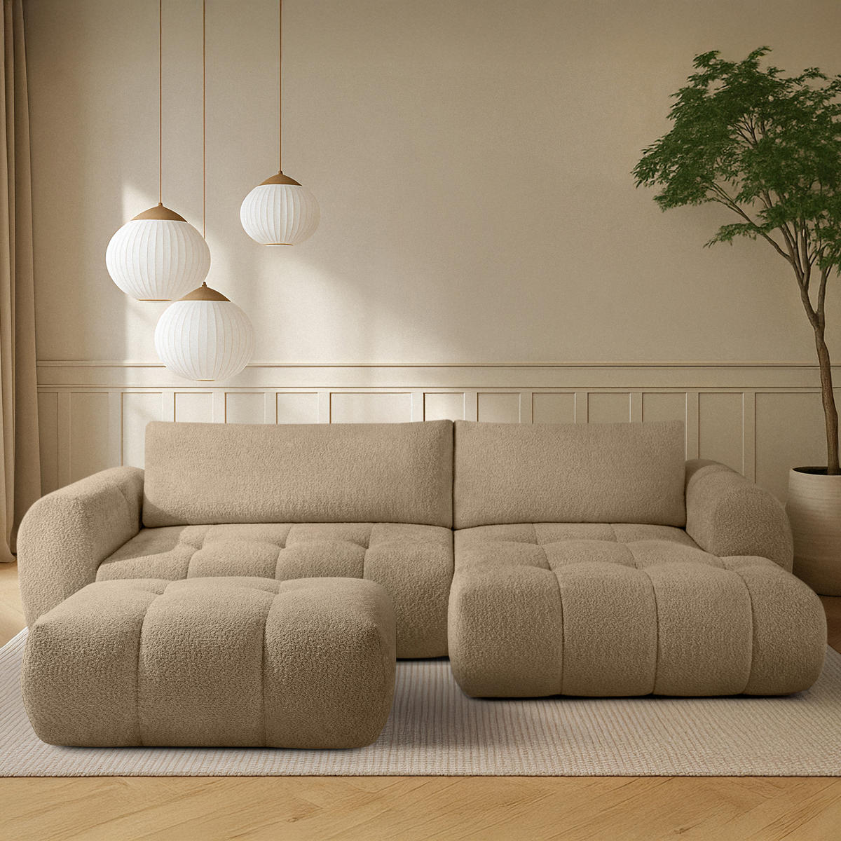 ECKSOFA MIT HOCKER LIRA, Beige, Bouclé - Beige, Holz/Holzwerkstoff (96/50cm) - KONSIMO®