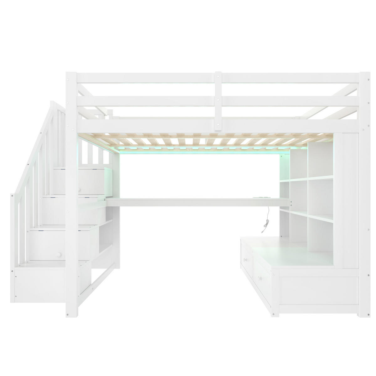 HOCHBETT 140/200 cm mit Schreibtisch, Regalen, Stauraumtreppe, 2 Schubladen und LED-Beleuchtung, Weiß - Weiß, Holzwerkstoff (140/200cm) - Redom