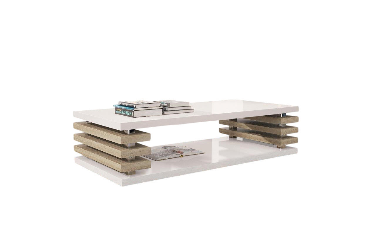 designimpex Couchtisch Weiß Hochglanz, Sonoma Eiche 120x40x60 cm