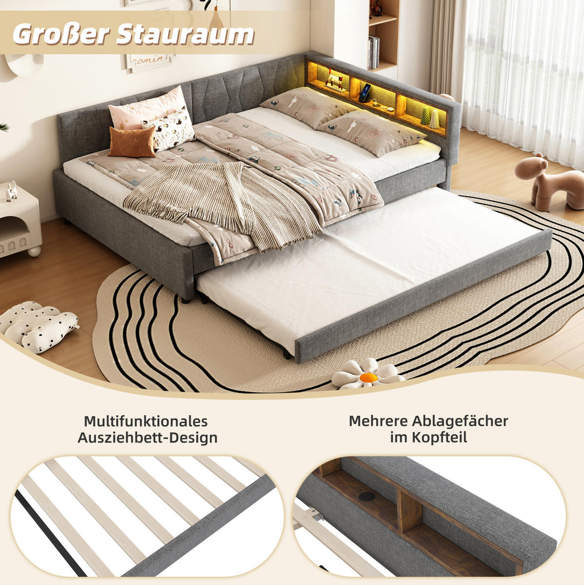 POLSTERBETT 140/200 cm Grau aus Leinen mit USB- und Type-C-Anschlüssen und LED - Grau, Textil (140/200cm) - Flora Grace