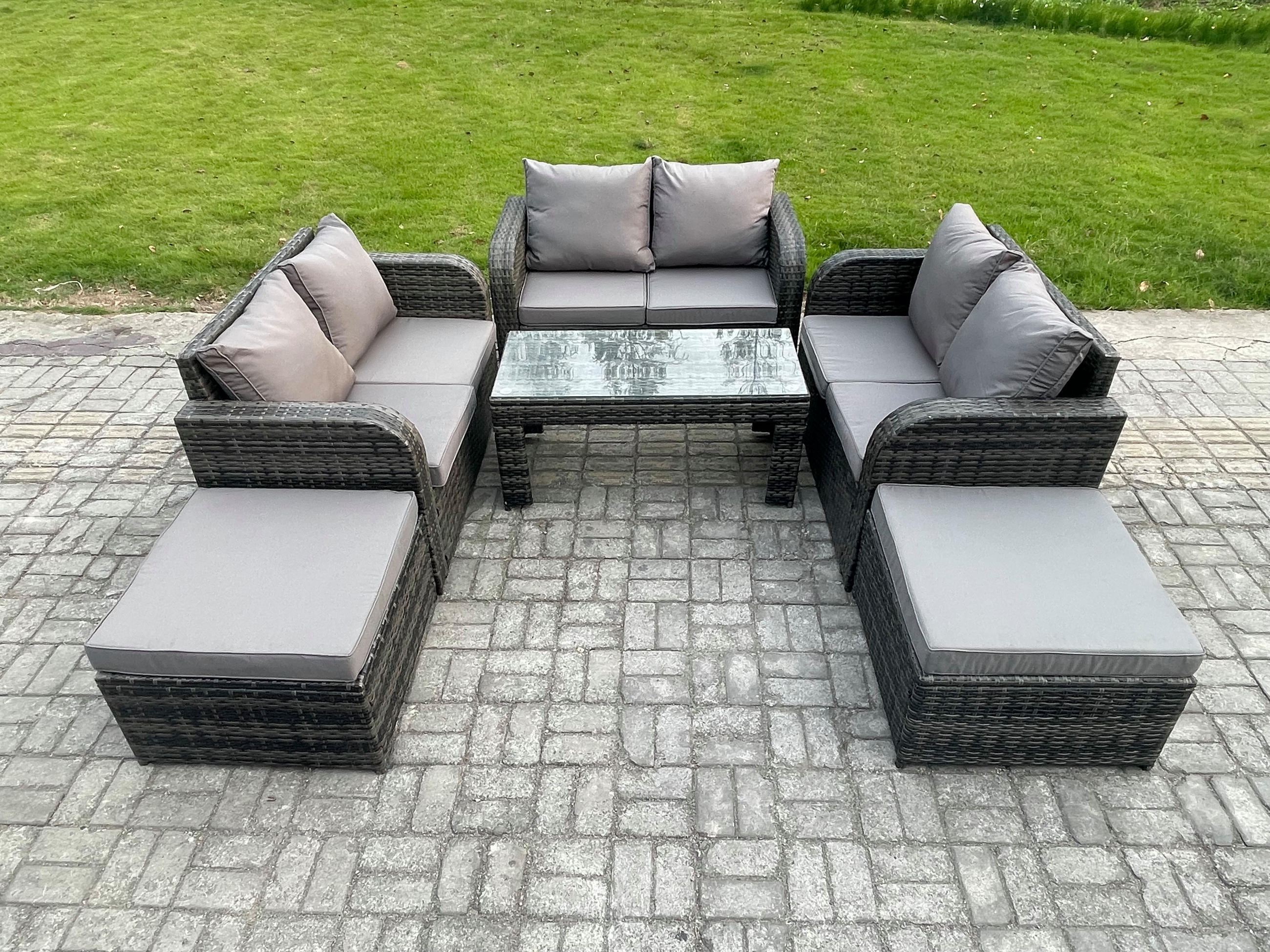 GARTENMÖBEL SET mit Sofa Polyrattan 8-Sitzer Dunkelgrau - Dunkelgrau/Grau, Glas/Kunststoff - Fimous