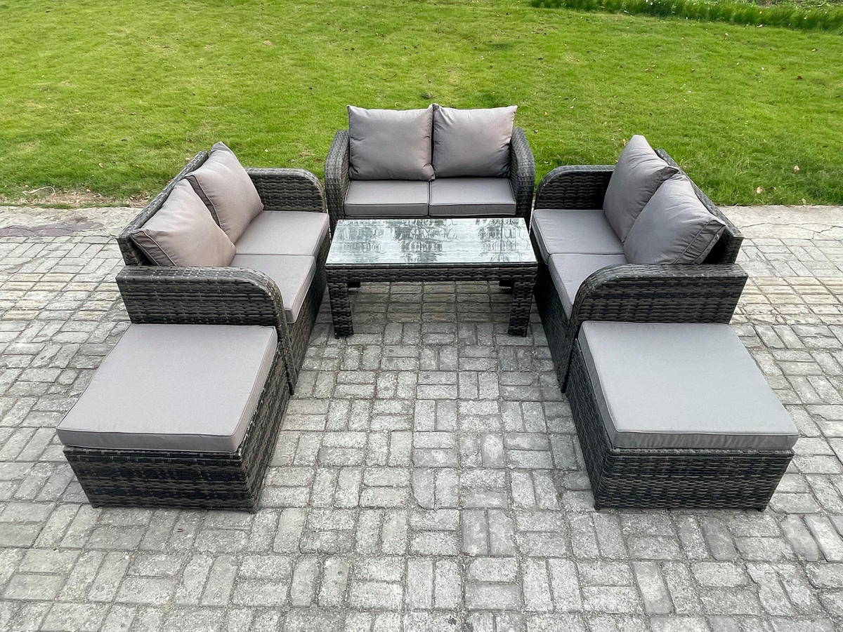 GARTENMÖBEL SET mit Sofa Polyrattan 8-Sitzer Dunkelgrau - Dunkelgrau/Grau, Glas/Kunststoff - Fimous