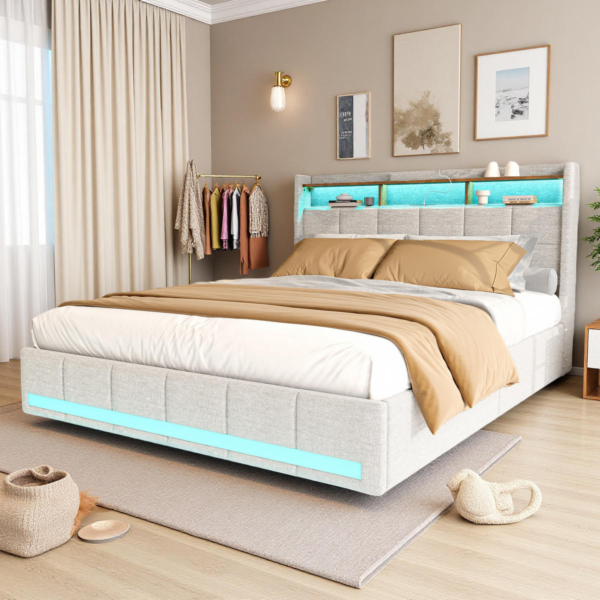 ČALÚNENÁ posteľ 140x200 cm béžová ľanová LED USB 4 zásuvky - béžová, kov - SHOPENTRA