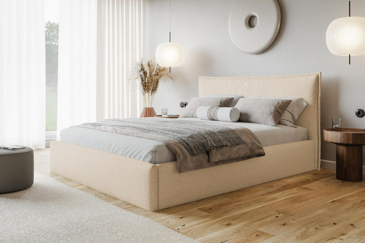 BETT 90x200 - Polsterbett mit Bettkasten und Metallrahmen - Modern Betten - Kuscheliger Catch-Me-Stoff - Kollektion Verona - Beige - Beige, Holz/Textil (90/200cm) - Alpi-Möbel