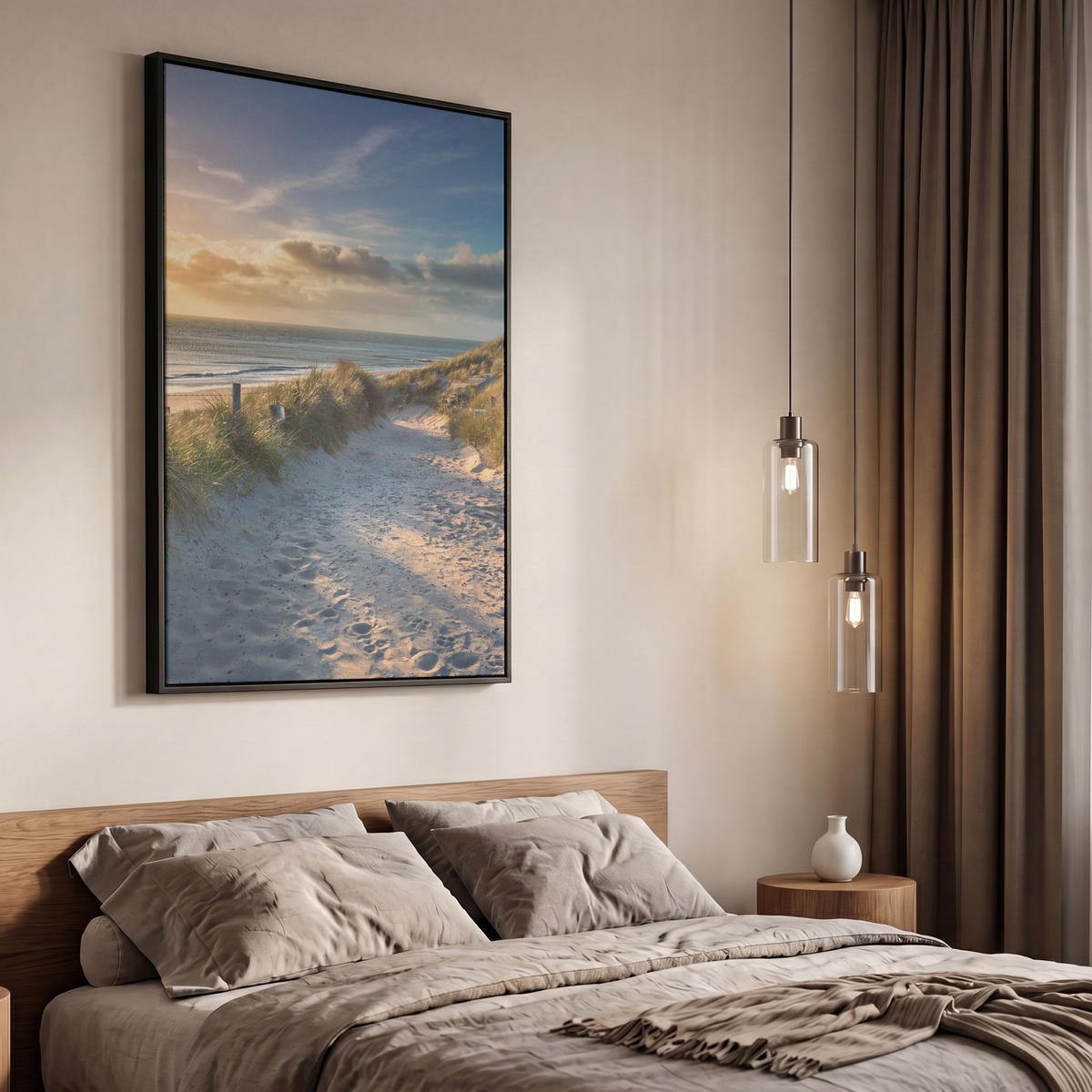 LEINWAND Bilder mit Rahmen - Sonnenuntergang - Strand - Düne - Gras - Ufer - 60x90 - Sandfarben, Textil (60/90cm) - MuchoWow