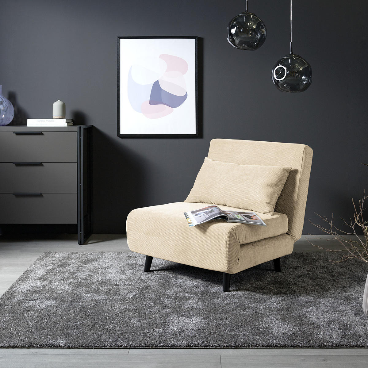 SCHLAFSESSEL - Textil / Teilmassivholz - Beige/Schwarz, Holz/Buchenholz (77/81/90cm) - home24