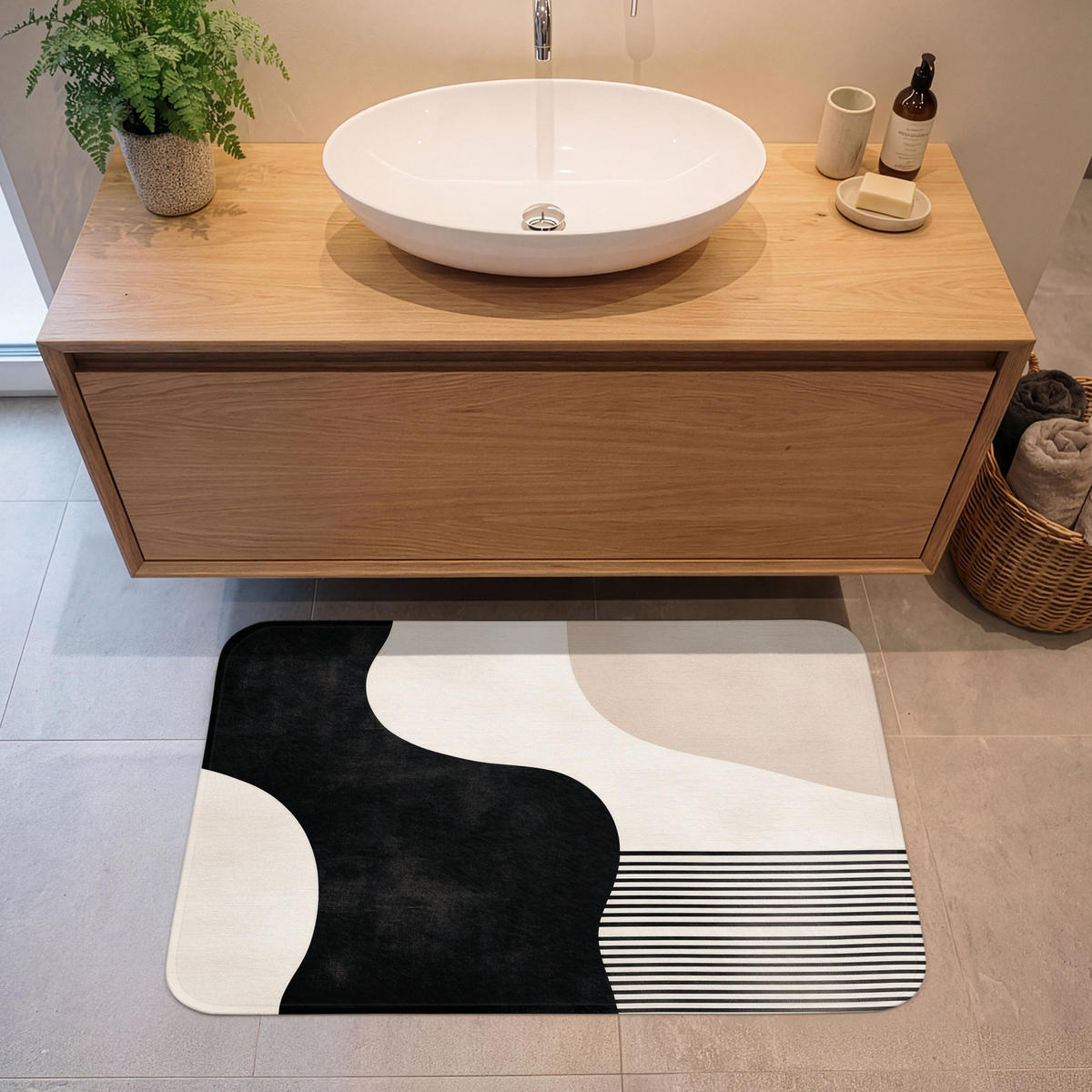 KÚPEĽŇOVÁ PREDLOŽKA Abstraktné - Japonské - Béžové - Moderné 90x60 cm - čierna/béžová, textil/plast (90/60cm) - OnlyWow