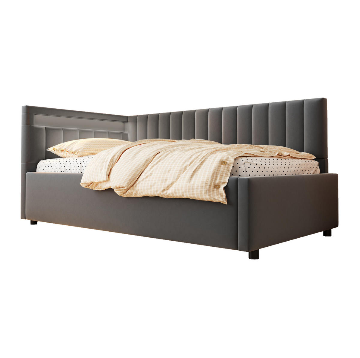 POLSTERBETT mit LED-Beleuchtung 90/200 cm mit Bettkasten, Samt Grau - Grau, Textil (90/200cm) - BEAOK