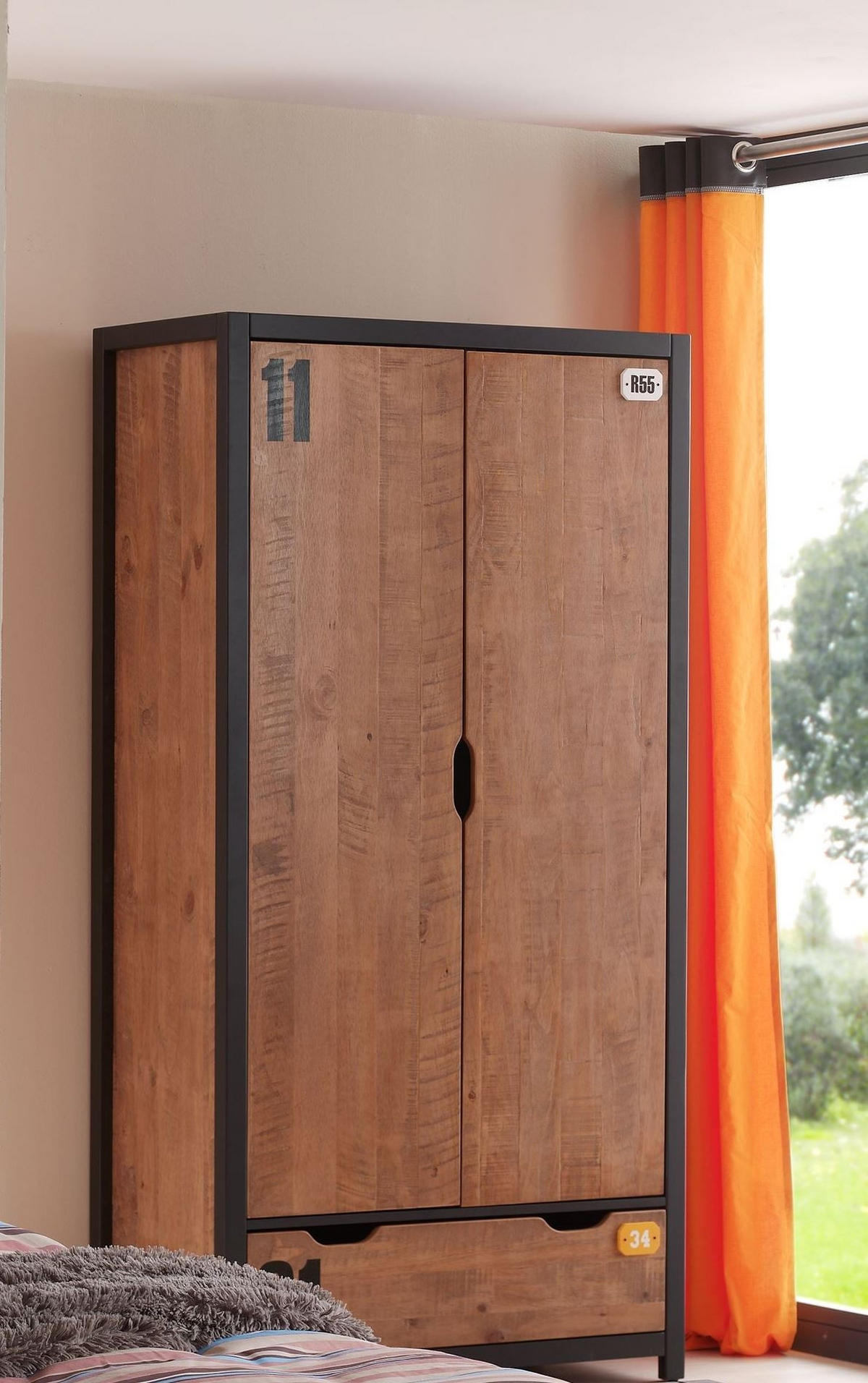 KINDERZIMMERSCHRANK Kameko 100x55x200 MDF+Massivholz Schwarz/Cognac - Cognac/Schwarz, Holzwerkstoff (100/200/55cm) - 58aufmkessel
