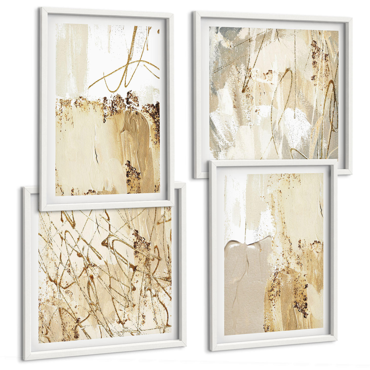 BILDER SET 4er Set - 50x50 cm & 40x60 cm Weißer Rahmen - Abstrakte Muster beige weiß - Weiß, Kunststoff (50/50cm) - TULUP